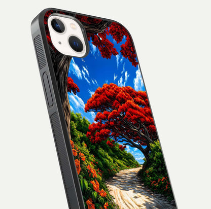 Red Trees Pathway Glass Case for iPhone 14 Plus close-up angled shot highlighting forest detail and reflection