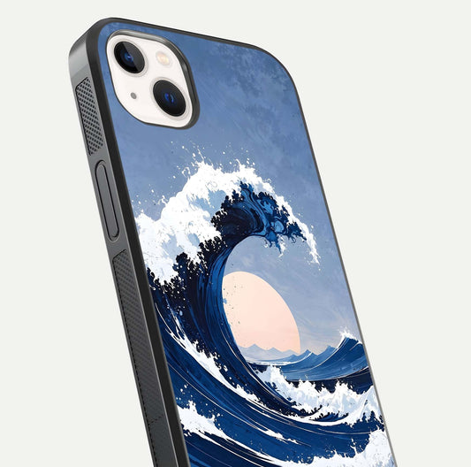 Rising Tide Power Glass Case for iPhone 14 Plus close-up angled shot highlighting water motion and reflection