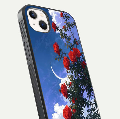 Rose Drift Flowers Glass Case for iPhone 14 Plus close-up angled shot highlighting floral texture and reflection