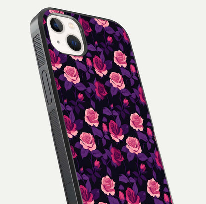 Rose Garden Twilight Glass Case for iPhone 14 Plus close-up angled shot highlighting rose contrast and reflection