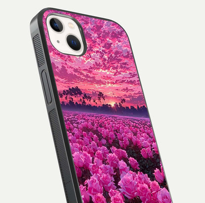 Rose Sunset Valley Glass Case for iPhone 14 Plus close-up angled shot showing rose detailing and golden hues