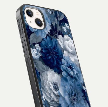 Royal Bloom Garden Glass Case for iPhone 14 Plus close-up angled shot highlighting royal bloom texture and reflection