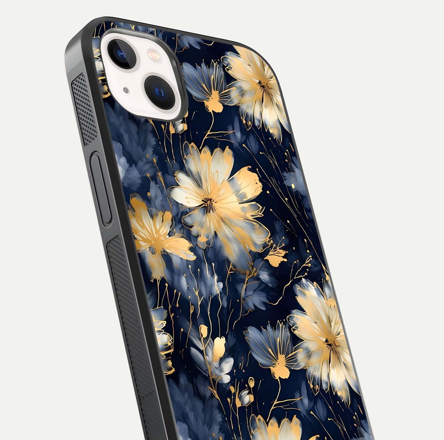 Royal Petal Dream Glass Case for iPhone 14 Plus close-up angled shot highlighting petal texture and reflection depth