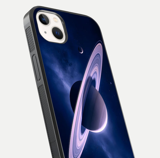Saturn Ring Mystique Glass Case for iPhone 14 Plus close-up angled shot highlighting ring detail and HD reflection