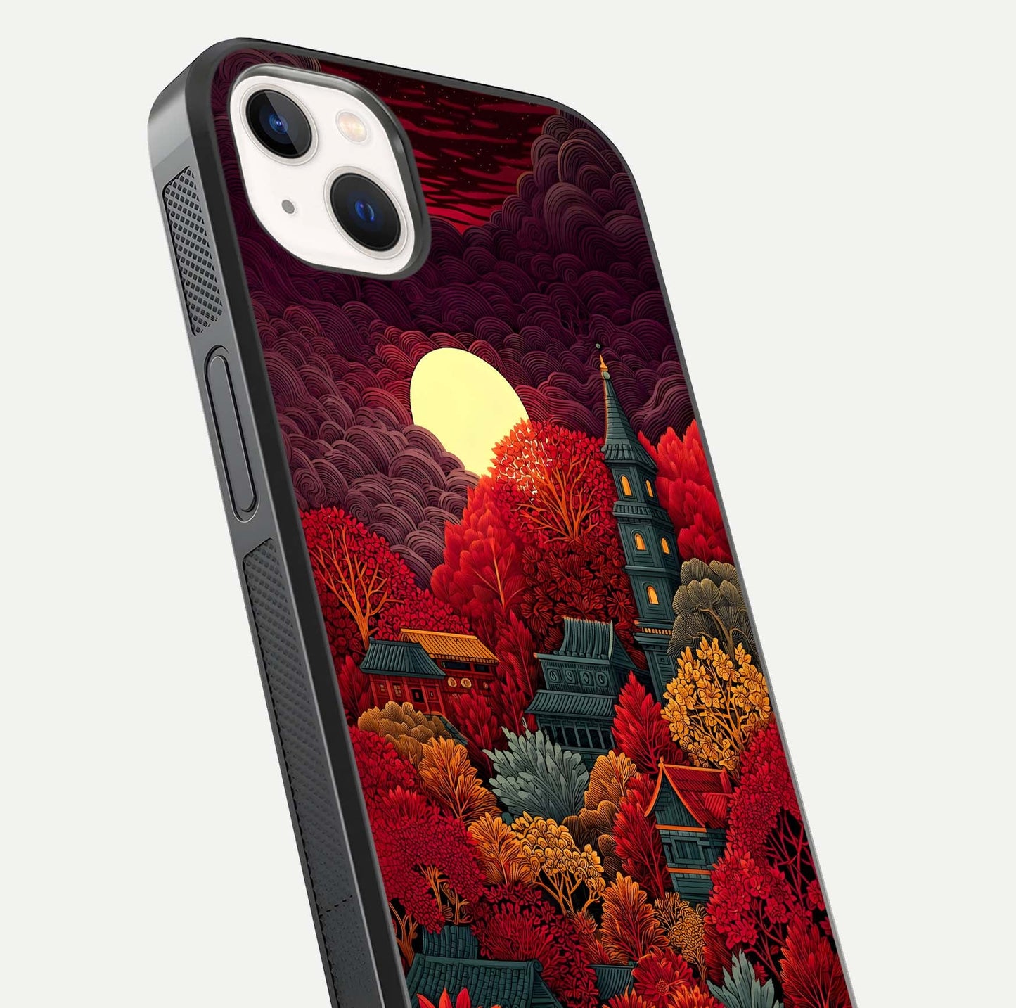 Scarlet Autumn Temple Glass Case for iPhone 14 Plus close-up angled shot highlighting golden leaves and reflection
