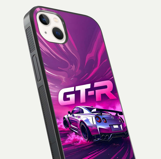 Speed Drift Legend Glass Case for iPhone 14 Plus close-up angled shot highlighting speed lines and reflection