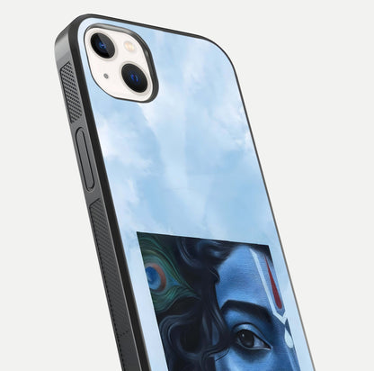 Spiritual Krishna Glass Case for iPhone 16 Pro close-up angled shot showing HD print, color tone, and reflection