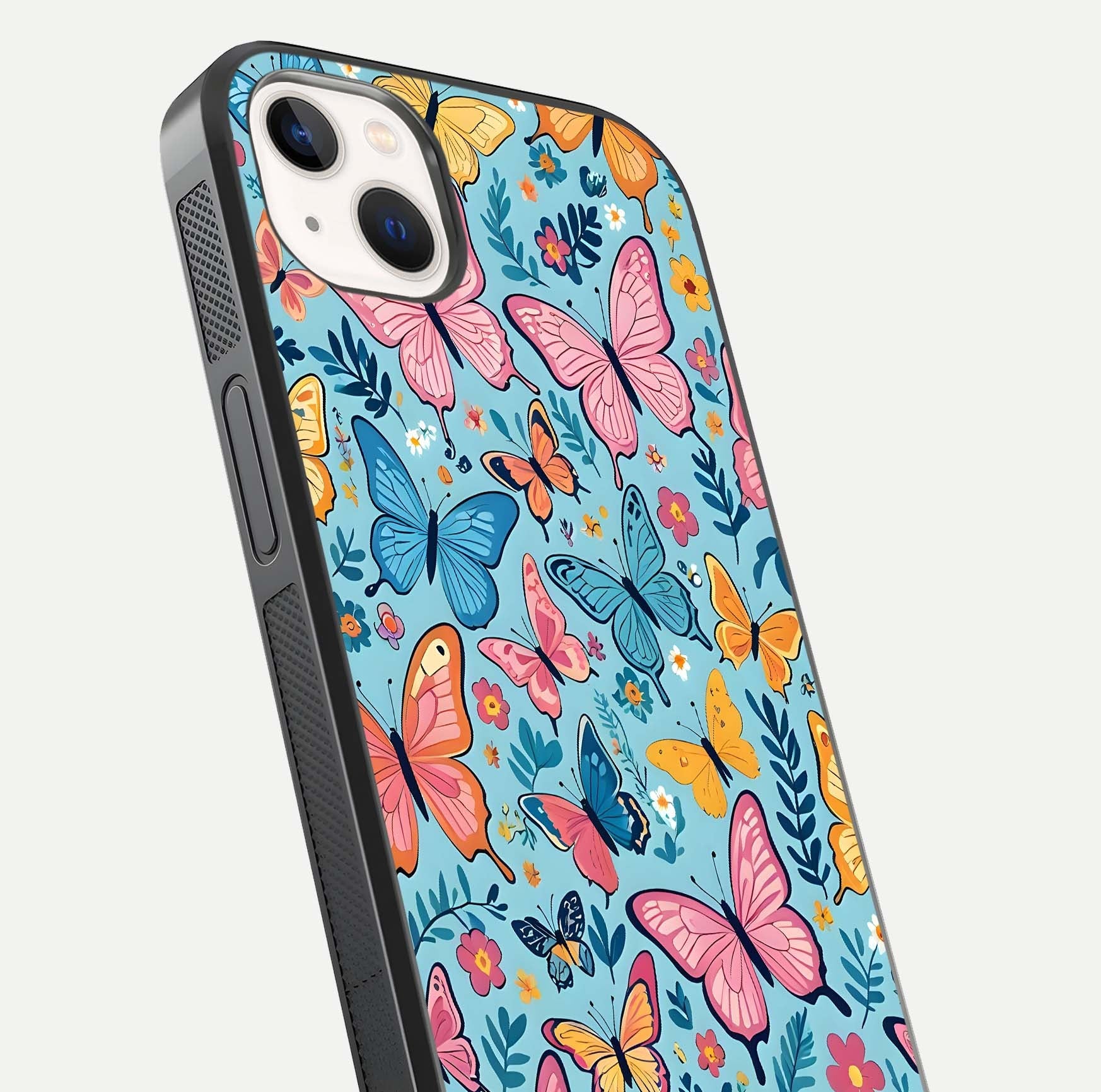 Spring Wing Garden Glass Case for iPhone 14 Plus close-up angled shot highlighting petal details and reflection