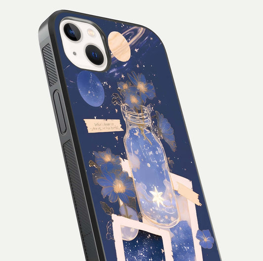 Starlit Cosmic Jar Glass Case for iPhone 14 Plus close-up angled shot highlighting stars, reflections, and HD shine