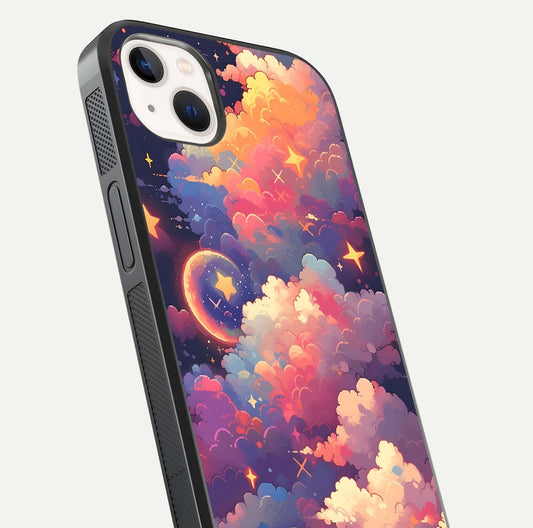 Starlit Dream Clouds Glass Case for iPhone 14 Plus close-up angled shot highlighting cloud texture and reflection
