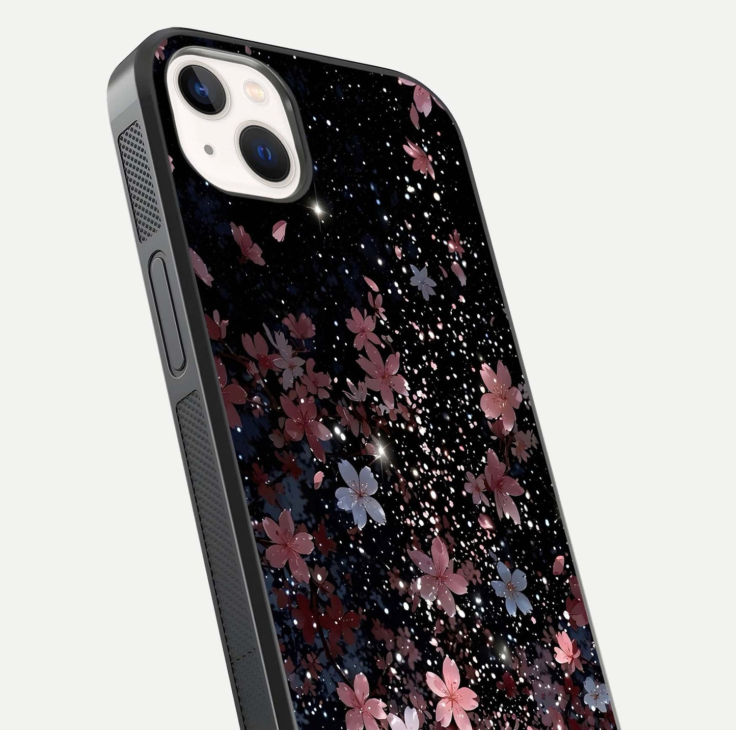Starlit Flower Dreams Glass Case for iPhone 14 Plus close-up angled shot highlighting petal reflection and HD depth
