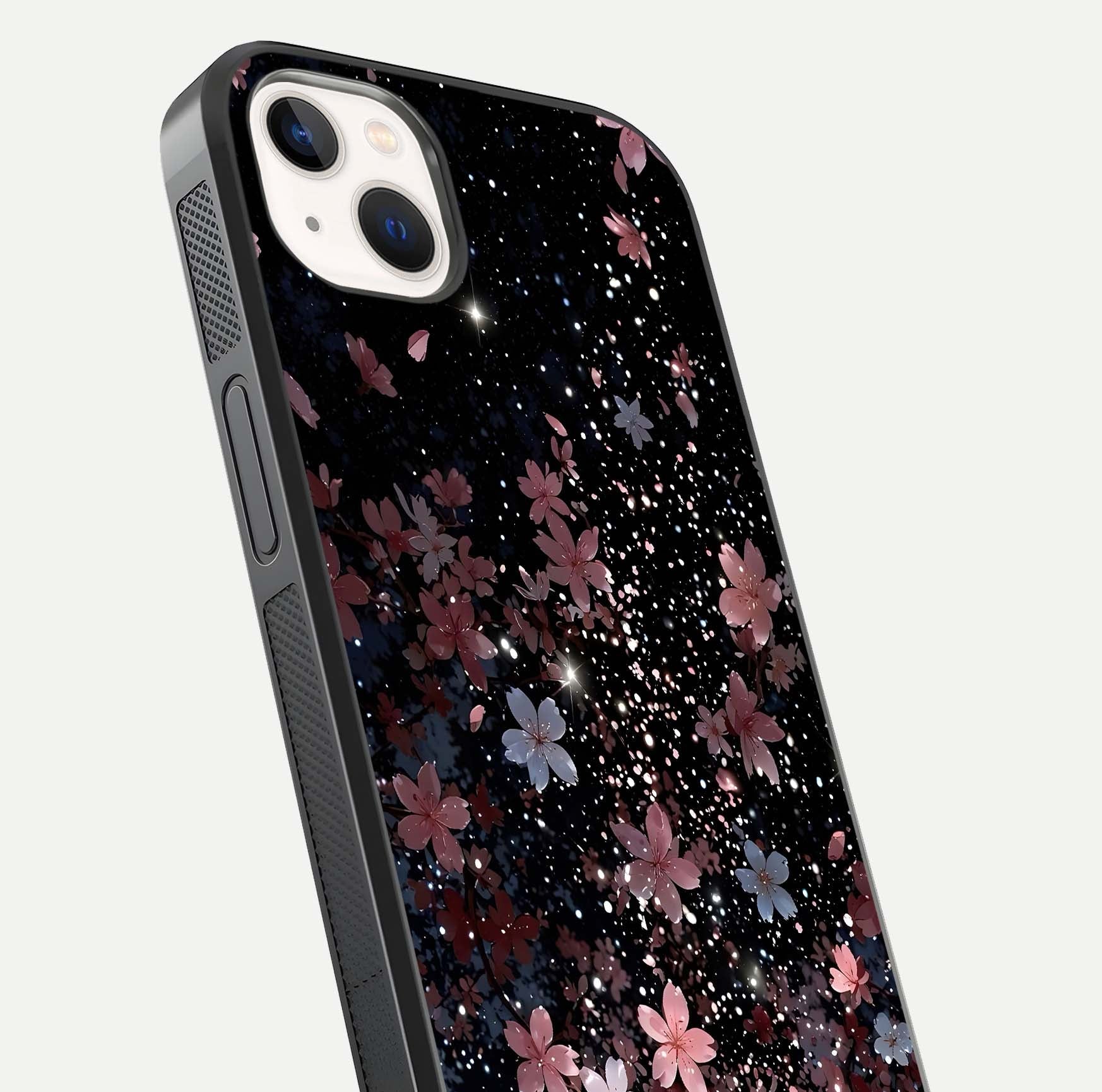 Starlit Flower Dreams Glass Case for iPhone 14 Plus close-up angled shot highlighting petal reflection and HD depth