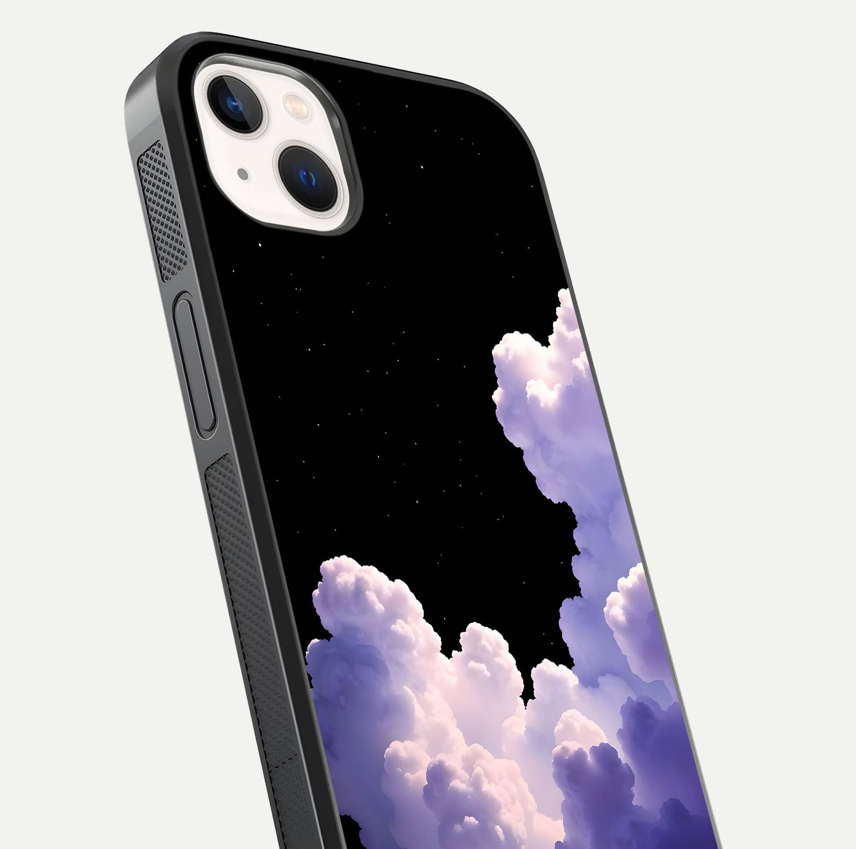 Starlit Night Whispers Glass Case for iPhone 14 Plus close-up angled shot highlighting stars and reflection