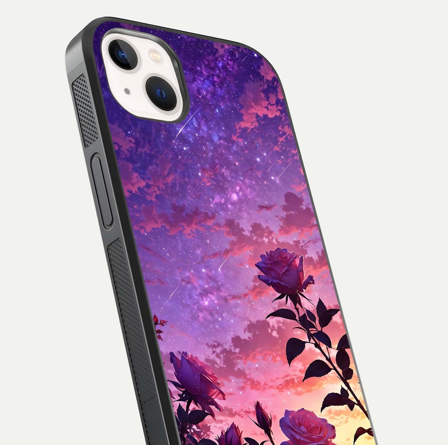 Starlit Rose Twilight Glass Case for iPhone 14 Plus close-up angled shot highlighting rose detail and reflection