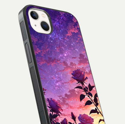 Starlit Rose Twilight Glass Case for iPhone 14 Plus close-up angled shot highlighting rose detail and reflection
