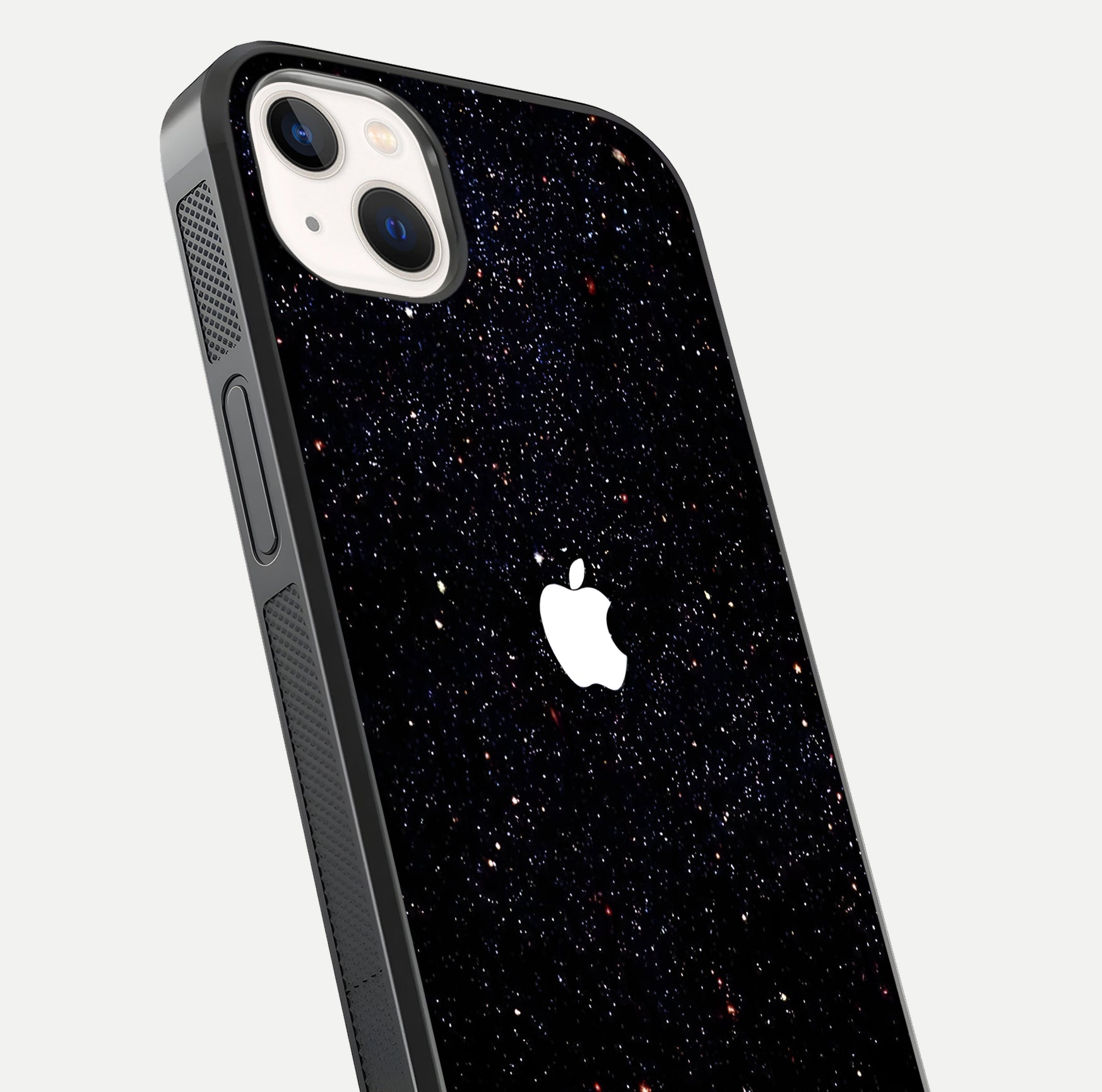 Starry Apple Galaxy Glass Case for iPhone 14 Plus close-up angled shot highlighting star details and gloss