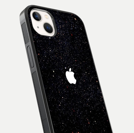 Starry Apple Galaxy Glass Case for iPhone 14 Plus close-up angled shot highlighting star details and gloss