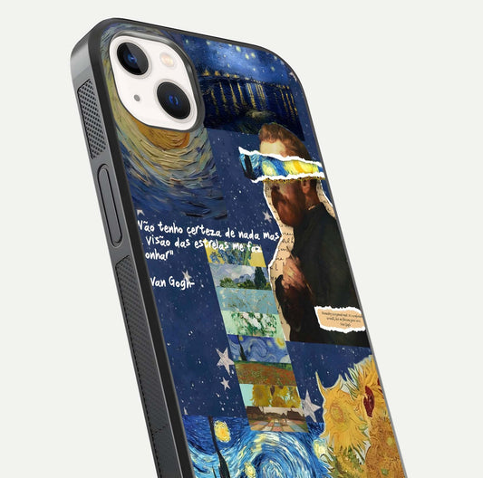 Starry Dream Vision Glass Case for iPhone 14 Plus close-up angled shot highlighting cosmic light and reflection
