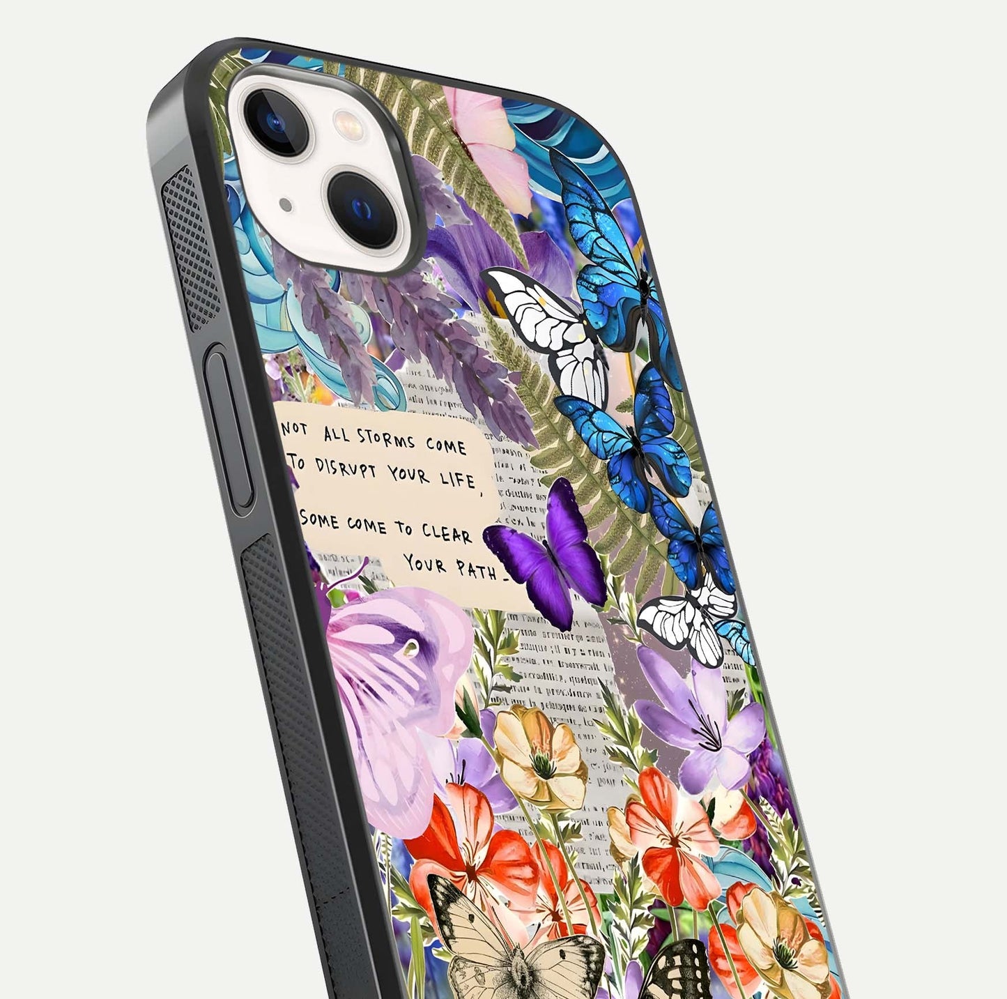 Storm Path Bloom Glass Case for iPhone 14 Plus close-up angled shot highlighting bloom texture and reflection
