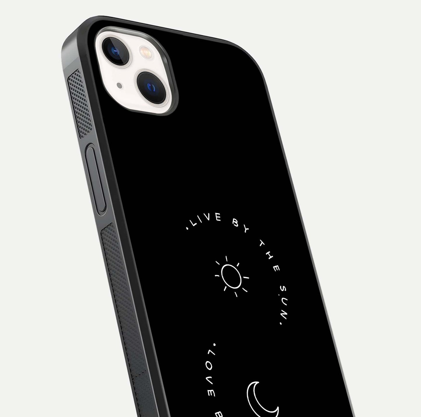 Sun Moon Balance Glass Case for iPhone 14 Plus close-up angled shot highlighting cosmic art and HD reflection