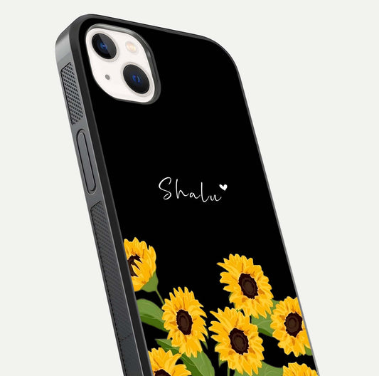 Sunflower Chic Mood Custom Name Glass Case for iPhone 16 Pro close-up angled shot showing HD sunflower pattern