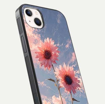Sunlit Daisy Glow Glass Case for iPhone 14 Plus close-up angled shot highlighting petal texture and reflection