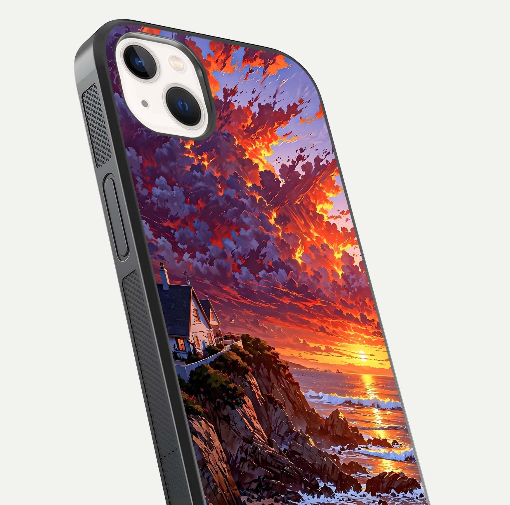 Sunset House by Sea Glass Case for iPhone 14 Plus close-up angled shot highlighting sunset tones and water glow
