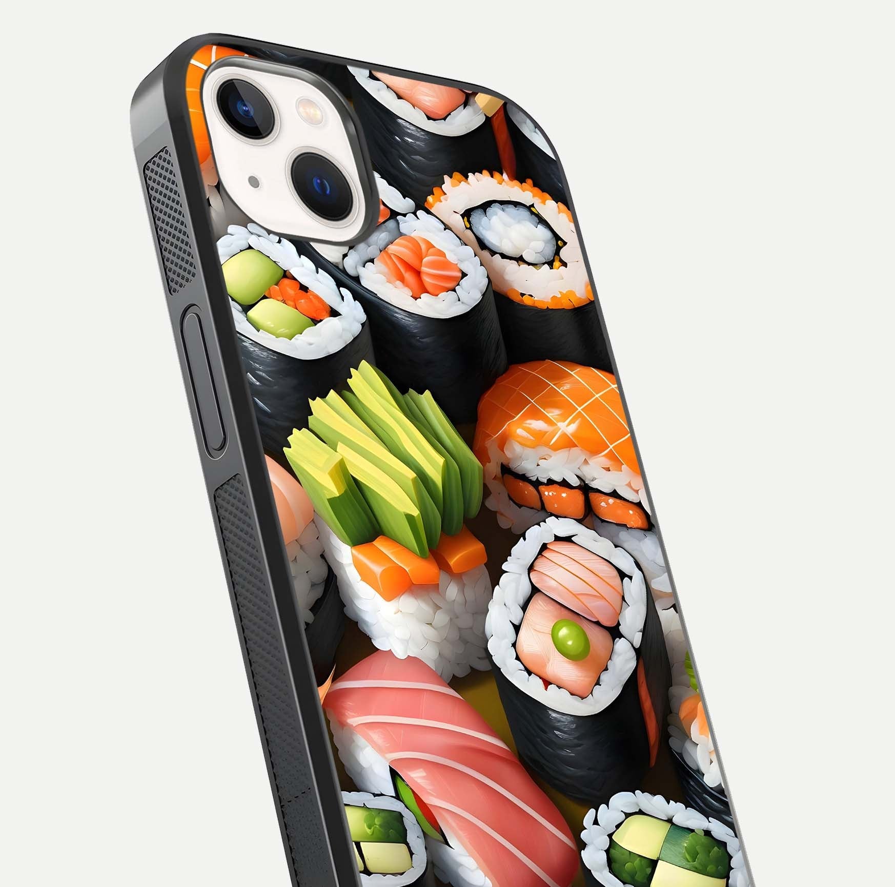 Sushi Food Pattern Glass Case for iPhone 14 Plus close-up angled shot highlighting colorful sushi prints and reflection