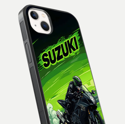 Suzuki Speed Beast Glass Case for iPhone 14 Plus close-up angled shot highlighting bold tones and reflection