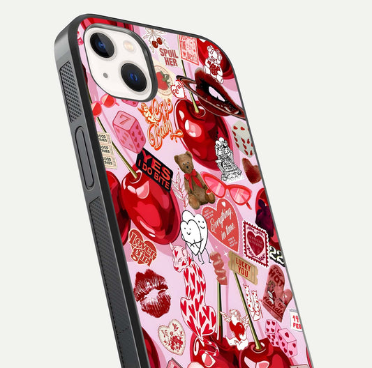 Sweet Cherry Chaos Glass Case for iPhone 14 Plus close-up angled shot highlighting red tone contrast and reflection