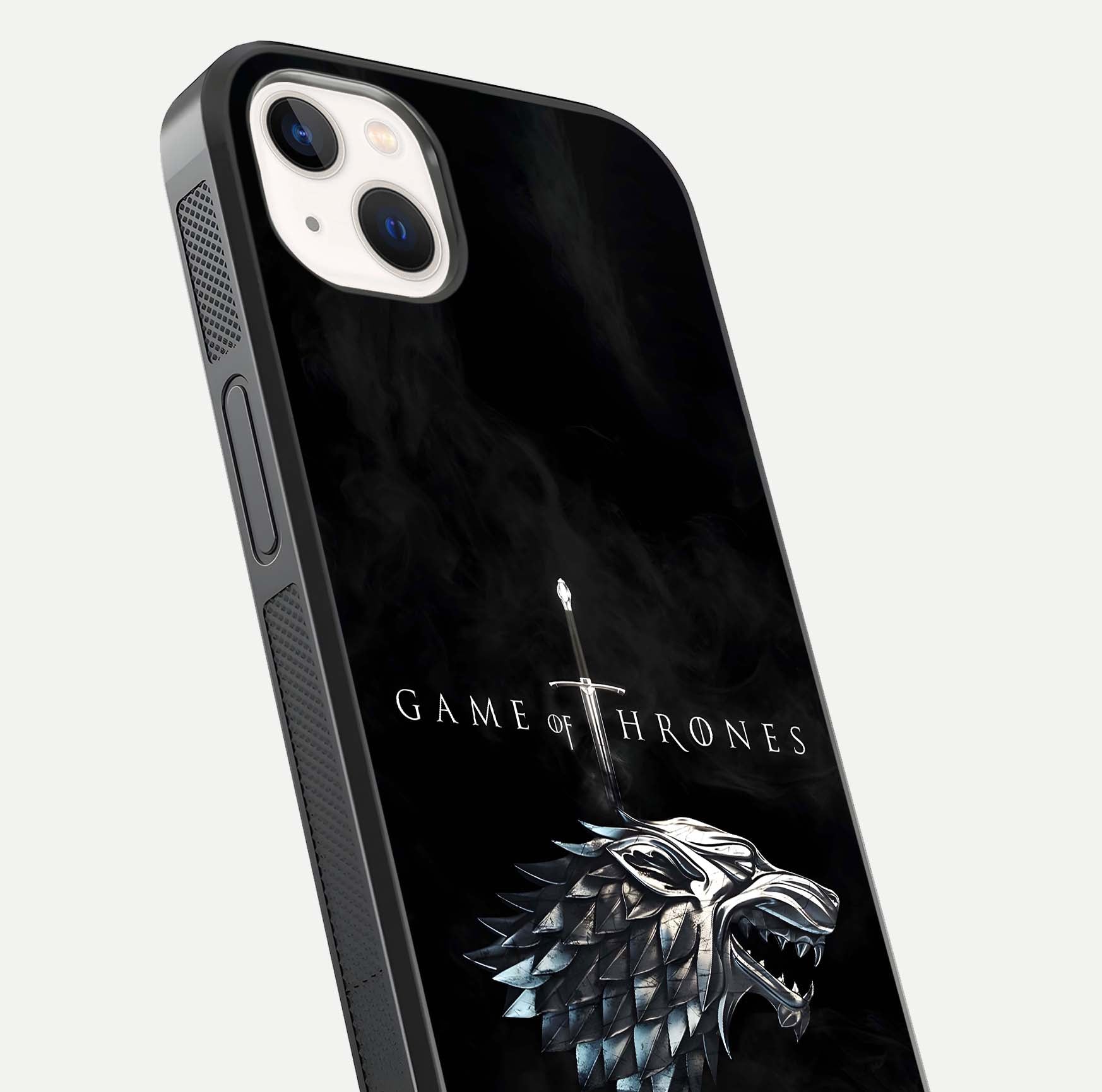 Throne Wolf Legacy Glass Case for iPhone 14 Plus close-up angled shot highlighting fur texture and reflection