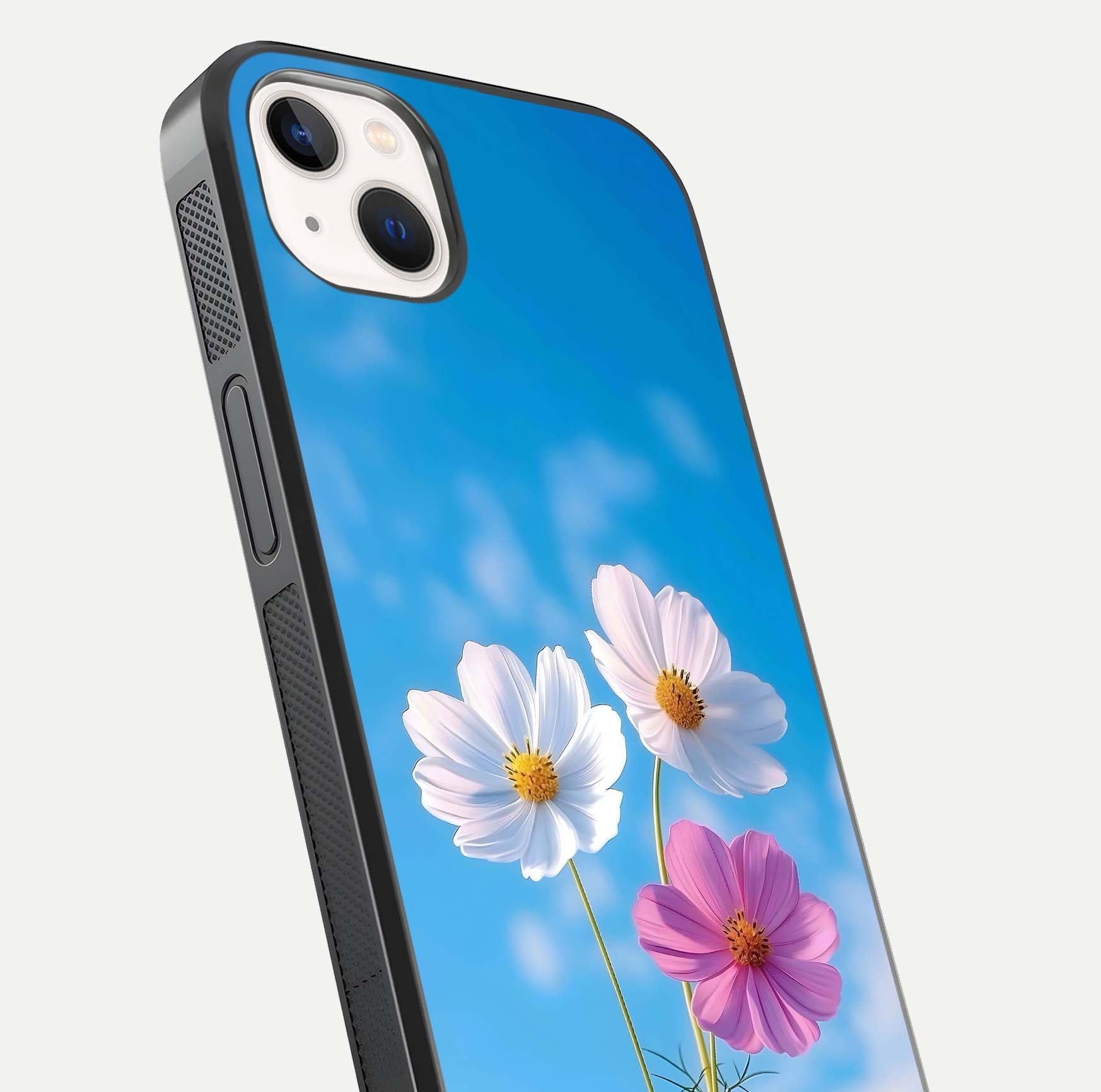 Triple Flowers With Sky Glass Case for iPhone 16 Pro close-up angled shot highlighting petal and reflection details