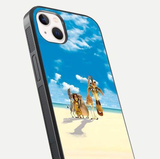 Tropical Fun Squad Glass Case for iPhone 14 Plus close-up angled shot highlighting vibrant tones and texture