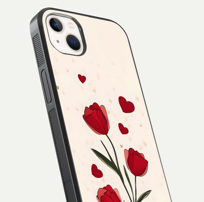 Tulip With Heart Glass Case for iPhone 14 Plus close-up angled shot highlighting petal details and reflection