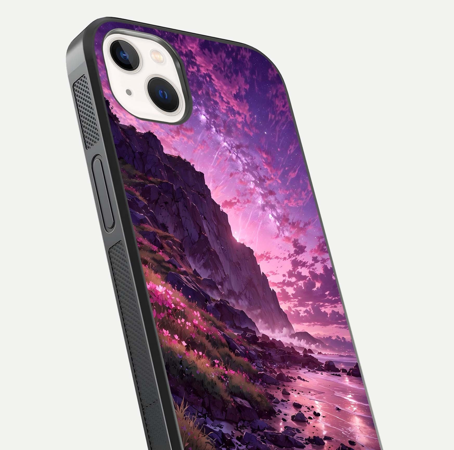 Twilight Blossom Coast Glass Case for iPhone 16 Pro close-up angled shot highlighting gradient sky and reflection