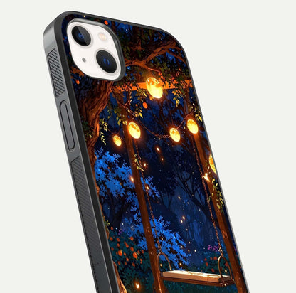 Twilight Garden Swing Glass Case for iPhone 14 Plus close-up angled shot highlighting floral tones and reflection