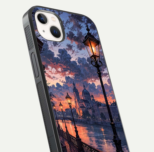 Twilight River Lights Glass Case for iPhone 14 Plus close-up angled shot highlighting river reflections and color tones