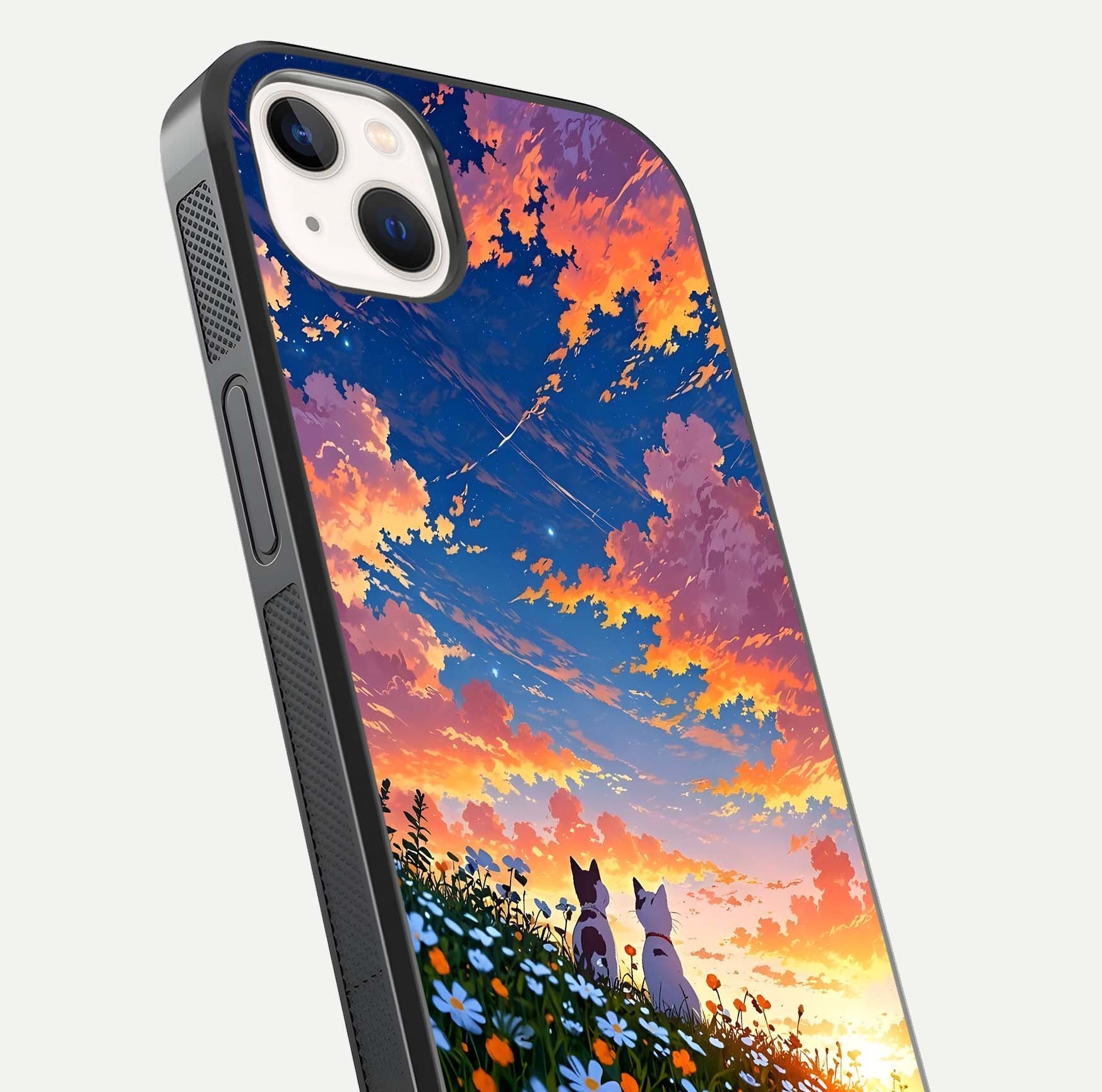 Two Cats Friends Glass Case for iPhone 14 Plus close-up angled shot highlighting cat illustrations and soft reflection