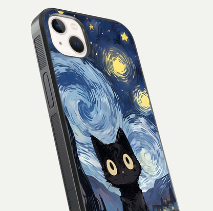 Van Gogh Cat Glass Case for iPhone 14 Plus close-up angled shot highlighting brushstroke texture and reflection
