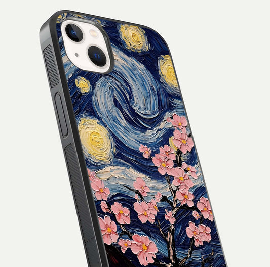 Van Gogh Scenery Glass Case for iPhone 14 Plus close-up angled shot highlighting brushwork texture and color depth