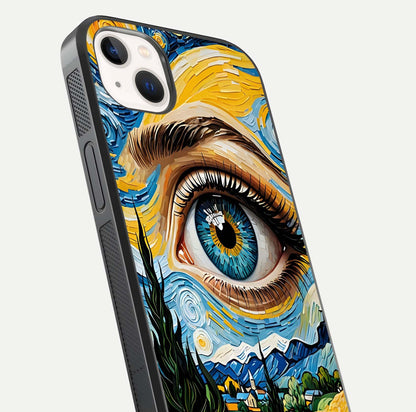 Van Gogh Eye Glass Case for iPhone 16 Pro close-up angled shot highlighting color blend and gloss reflection
