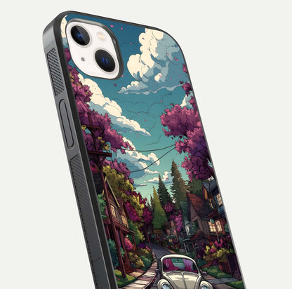 Vintage Street Drive Glass Case for iPhone 14 Plus close-up angled shot highlighting vintage tones and reflection