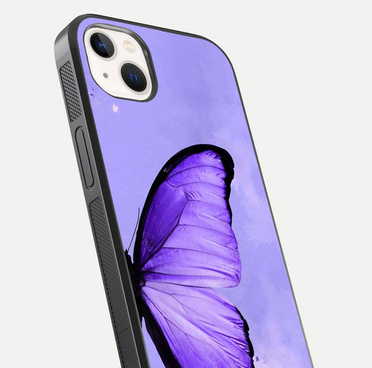 Violet Dream Wing Glass Case for iPhone 14 Plus close-up angled shot highlighting wing texture and reflection