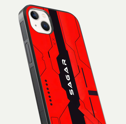 Voltage Rise CYBERPUNK Custom Name Glass Case for iPhone 14 Plus close-up angled shot highlighting neon glow and reflection