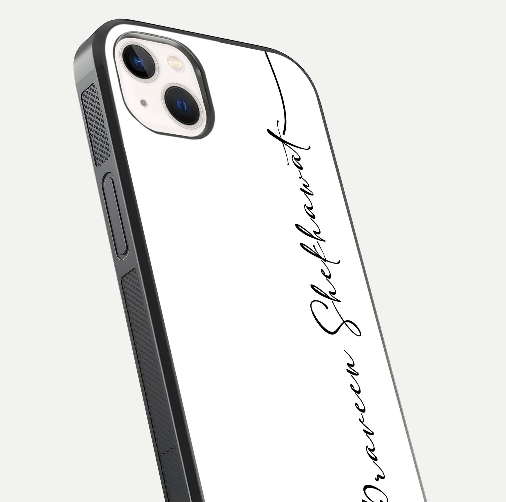 White Tune Custom Name Glass Case for iPhone 14 Plus close-up angled shot highlighting gloss reflection and texture
