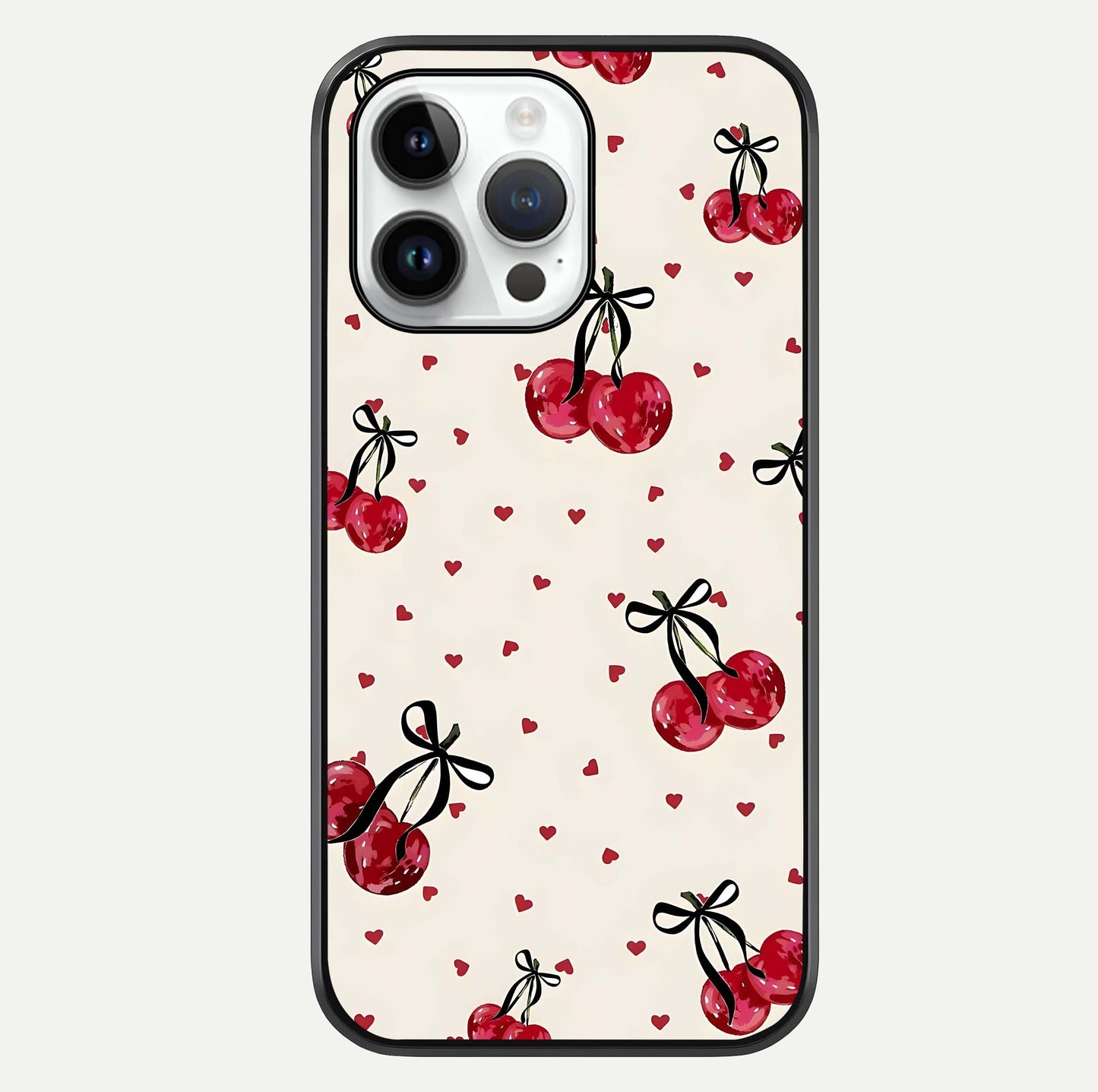 Cherry Heart Bow Glass Case For iPhone 14 Pro by Custom World