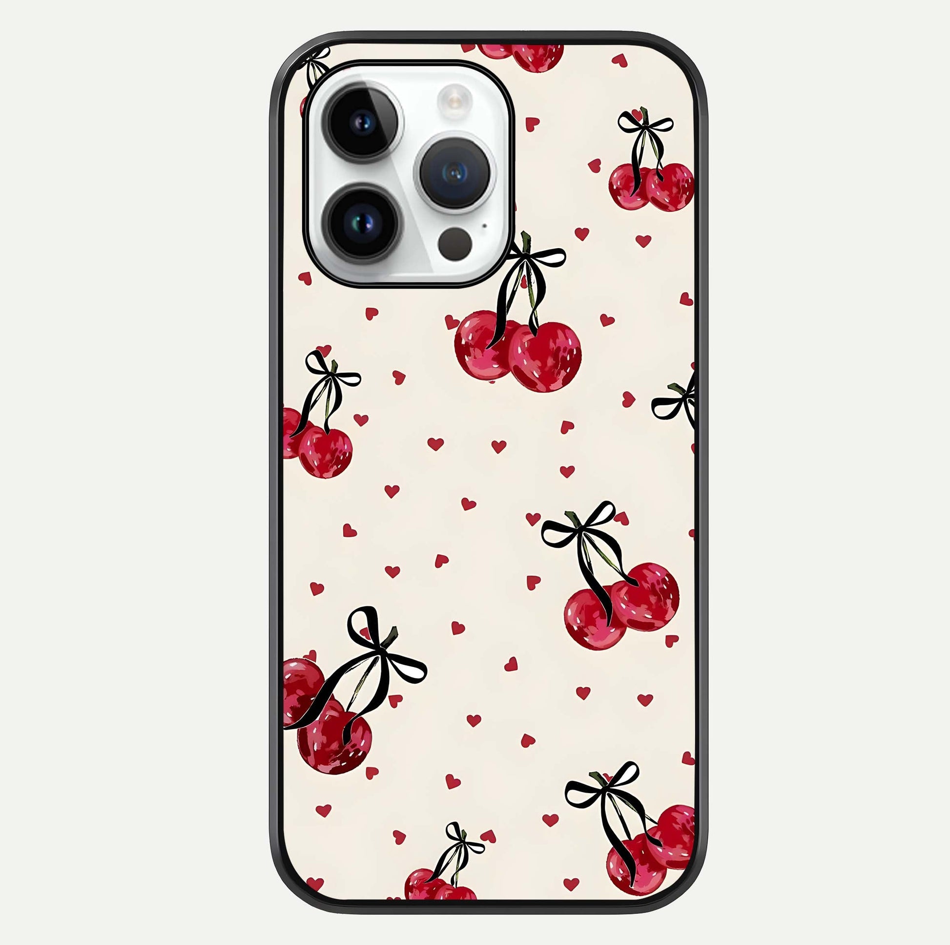 Cherry Heart Bow Glass Case For iPhone 14 Pro by Custom World