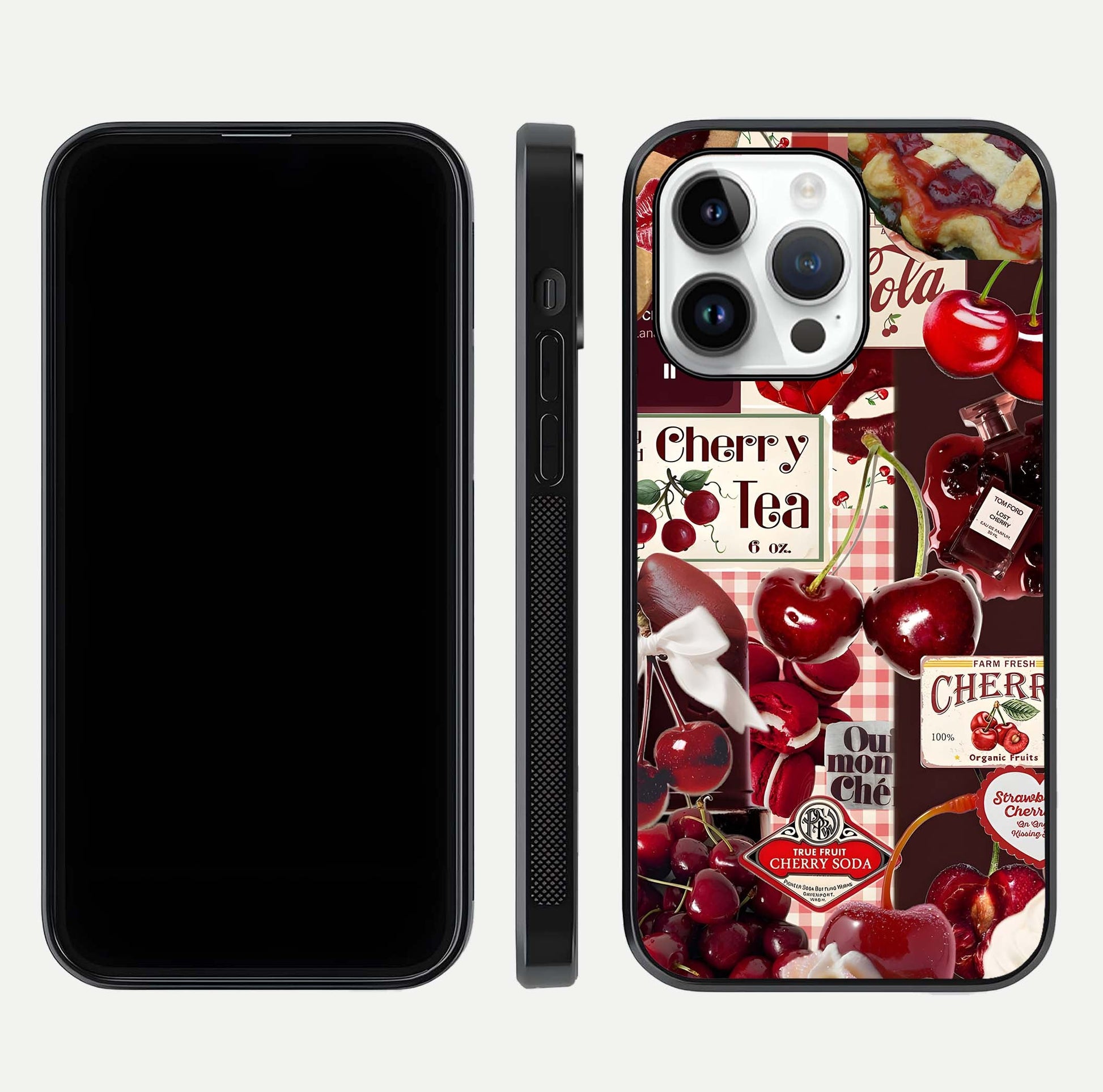 Aesthetic Cherry Tea Glass Case for iPhone 16 Pro front and back view layout showing black front display and artistic cherry-themed glass back