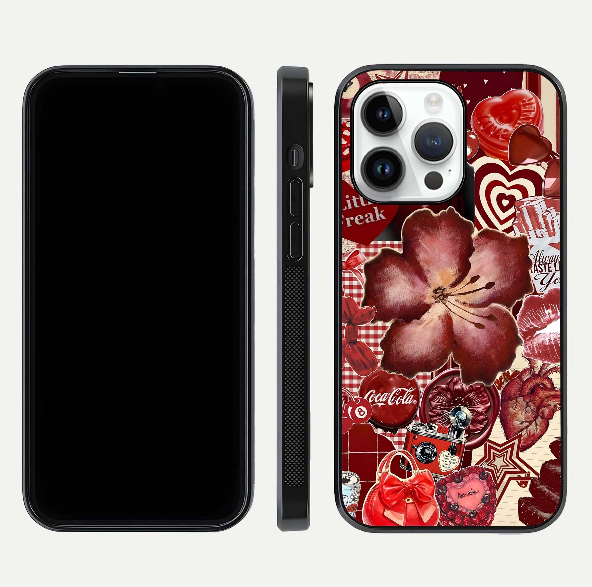 Aesthetic Little Freak Glass Case for iPhone 16 Pro front and back view layout showing black front display and trendy collage glass back