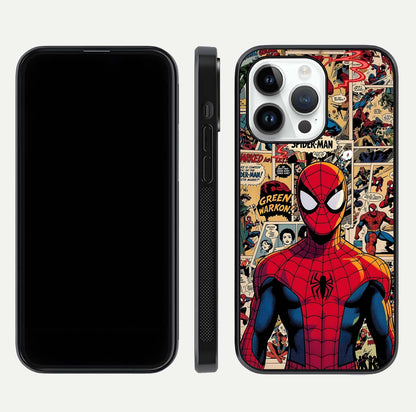 Aesthetic Spider Man Glass Case for iPhone 16 Pro front and back view layout showing black front display and Spider-Man art glass back